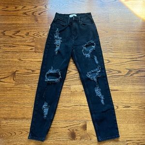 MYSTIQUE BOUTIQUE Ripped Black/Dark Wash High Waisted Jeans (W26)